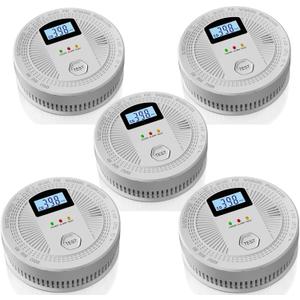 5 Pack Combination Photoelectric Smoke and Carbon Monoxide Alarm Detector with LCD Display; Battery-Operated Smoke Carbon Monoxide Alarm