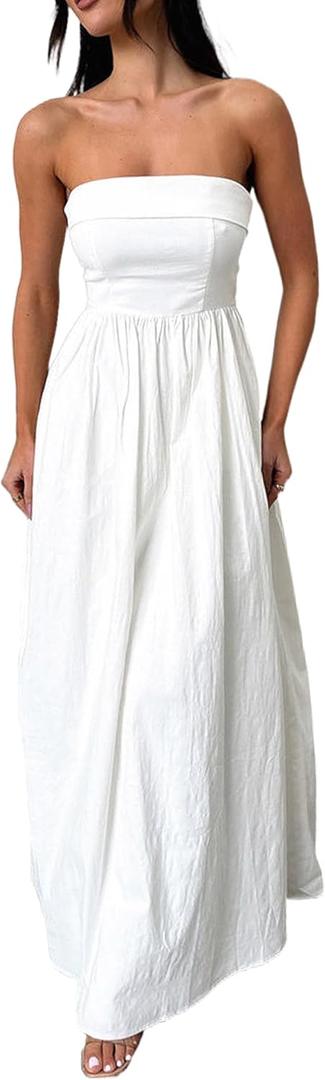 Women Summer Strapless Maxi Tube Dress 2024 Trendy Solid Pleated Flowy Dress Wedding Guest Maxi Dresses Party Club (Small, White-smock Back)