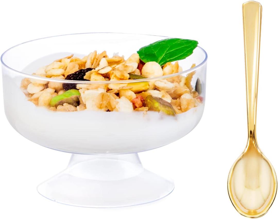WDF 7oz Clear Dessert Cups Disposable - 96 Pack Dessert Cups With Mini Gold Spoons Plastic Parfait Cups Medium to Large 48 Ice Cream Plastic Cups & 48 Gold Tasting Spoons for Party & Thanksgiving