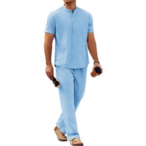 COOFANDY Mens 2 Pieces Cotton Linen Sets Short Sleeve Casual Henley Shirt Summer Beach Pants Lounge Vacation Outfits Set (X-Large, Light Blue)