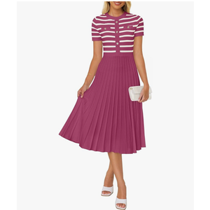 ZESICA Women's 2025 Casual Striped Midi Dress Crewneck Short Sleeve Button Ribbed Knit Swing Pleated A Line Dresses L
