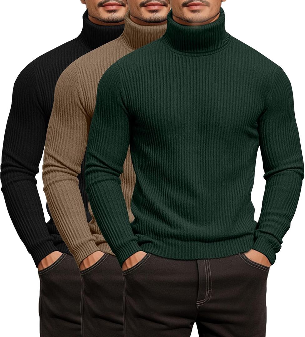 3 Pack Men's Ribbed Turtleneck Shirts, Long Sleeve Mock Neck Lightweight Pullover Sweaters Knit Base Layer Tee Tops (Large, Black, Khaki, Dark Green)