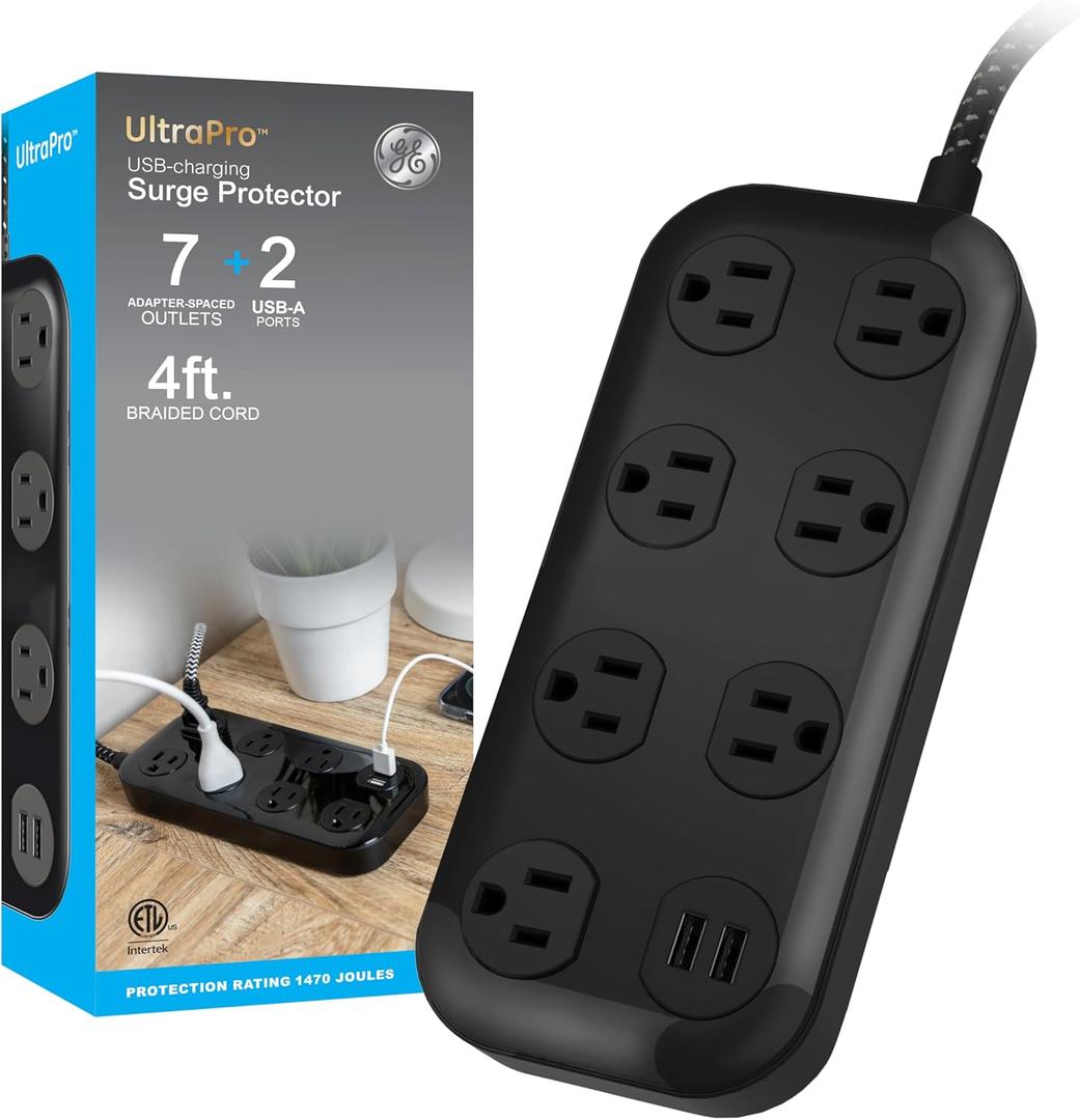 GE 7-Outlet Surge Protector Power Strip with USB, 2 USB-A, 4 Ft Braided Cord, Multi Plug Outlet Extender, Flat Plug, Charging Station, 2.4A, 1470 Joules, Black, 82593