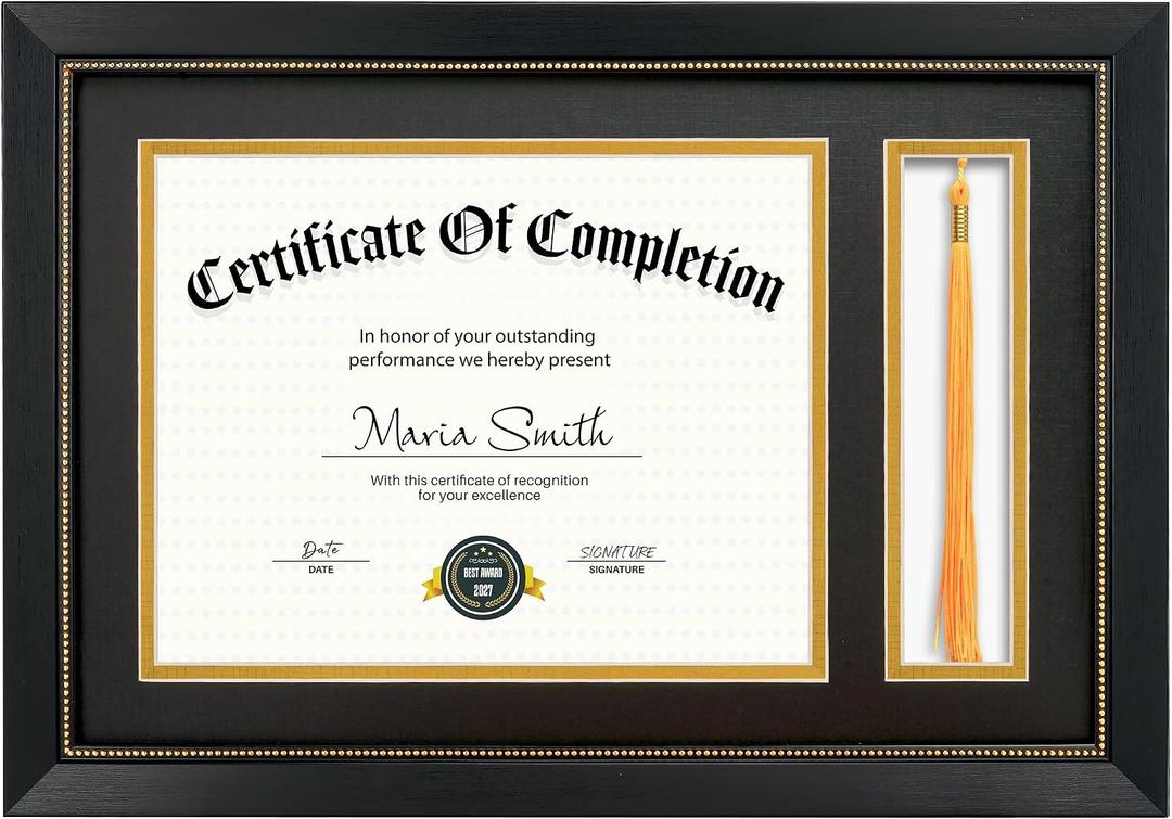 11x16.5 Diploma Frame with Tassel Holder for 8.5x11 Certificate Document, Black Diploma Frame with Real Glass, Black Over Gold Double Mats, Display 8.5x11 diploma and One Tassel