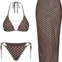 ZAFUL Womens 3pcs Swimsuit Floral Halter Triangle Bikini Top Tie Side Bottom with Long Sheer Cover Up Skirt (Brown, L)