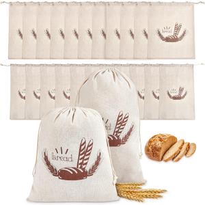Dunzy 20 Pcs Linen Bread Bag for Homemade Bread Reusable 2 Sizes 10" x 12" and 11" x 17" Unbleached Container Drawstring Natural Bags Storage for Food Baking Kitchen Sandwich Bakery Picnic Wedding