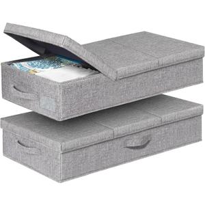 punemi Under Bed Storage With Lids, 2 Pack Large Underbed Storage Containers Clothes W/ 3 Handles, Foldable Low Profile Stackable Drawer Organizer Bins Box for Blanket Shoe Bedroom, 31.1*15.7*6inch