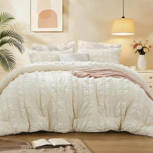 BEDELITE Cream Queen Comforter Set, 3 Pieces Fluffy Lightweight Beige Seersucker Comforter, Soft Breathable All Season Bedding with Pillowcases for Bedroom