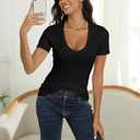 Roselux Women Short Sleeve Deep V Neck Tops Shirts Fitted Cotton Summer Tshirt Tee (Black, S)