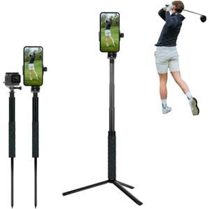Golf Tripod and Monopod Selfie Stick with Ground Spike Stake, Phone Tripod Holder for Recording Golf Swing, 52" Adjustable Golf Selfie Stick for Swing Training Aid