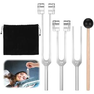 Ptwola Tuning Forks for Healing Set (128Hz 256Hz 512Hz) with Reflex Hammer, Weighted Unweighted Sensory Tuning Forks Activator Yoga Meditation Essential Accessories
