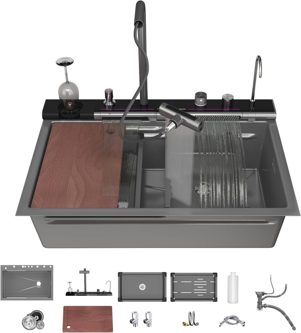 Double Waterfall Kitchen Sink 33 x 22 in 9 Gauge Stainless Steel Smart Kitchen Sink Digital Display Modern Sinks With Soap Dispenser Single Bowl Workstation Sinks With Pull-out Faucet