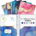 6 Pack Marble Design File Folders with Pockets - Plastic Folder with 2 Pockets & a Business Card Holder, Durable File Folders for Documents, School, Office & Home (Folder with Pockets (with Prong))