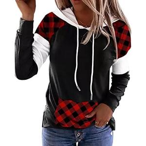 LLHXRUI Merry Christmas Buffalo Plaid Tree Striped Splicing Hoodie Shirt Blouse for Women Christmas Color Block T Shirt Top XL