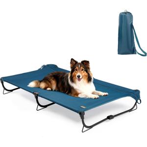 Folding Raised Dog Cot, Large Outdoor Elevated Dog Bed, Cooling Chew Proof Pet Cots Bed, Portable, Heavy Duty Up to 160 lbs, Pet Cot for Camping, Home, Dark Blue, 43"x27"x7"