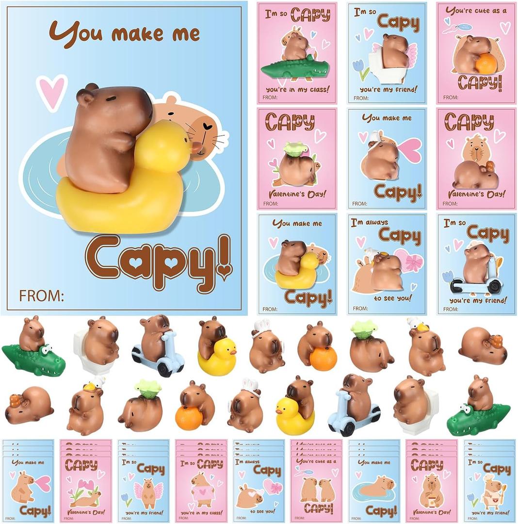 BreezeHug 27 Pack Valentine's Day Gifts Bulk Mini Resin Capybara Figurines with Greeting Cards Bags for Valentine's Classroom Reward Exchange Gift Capybara Party Favors Car Dashboard Decorations