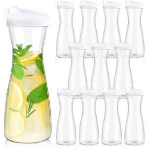 12 Pieces Water Carafes with Lid 20 oz Plastic Juice Container Pitcher Clear Narrow Neck Drink Carafes Mimosa Bar Beverage Pitcher for Outdoors Beach Picnic Parties Tea Milk Lemonade Wine