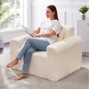 Hobestluk Single Sofa Foam Couch Sofa for Small Spaces Comfy Sofas with Removable Cover Furry Couch with Pillows for Living Room, Bedroom, Apartment, Office (White, Standard)