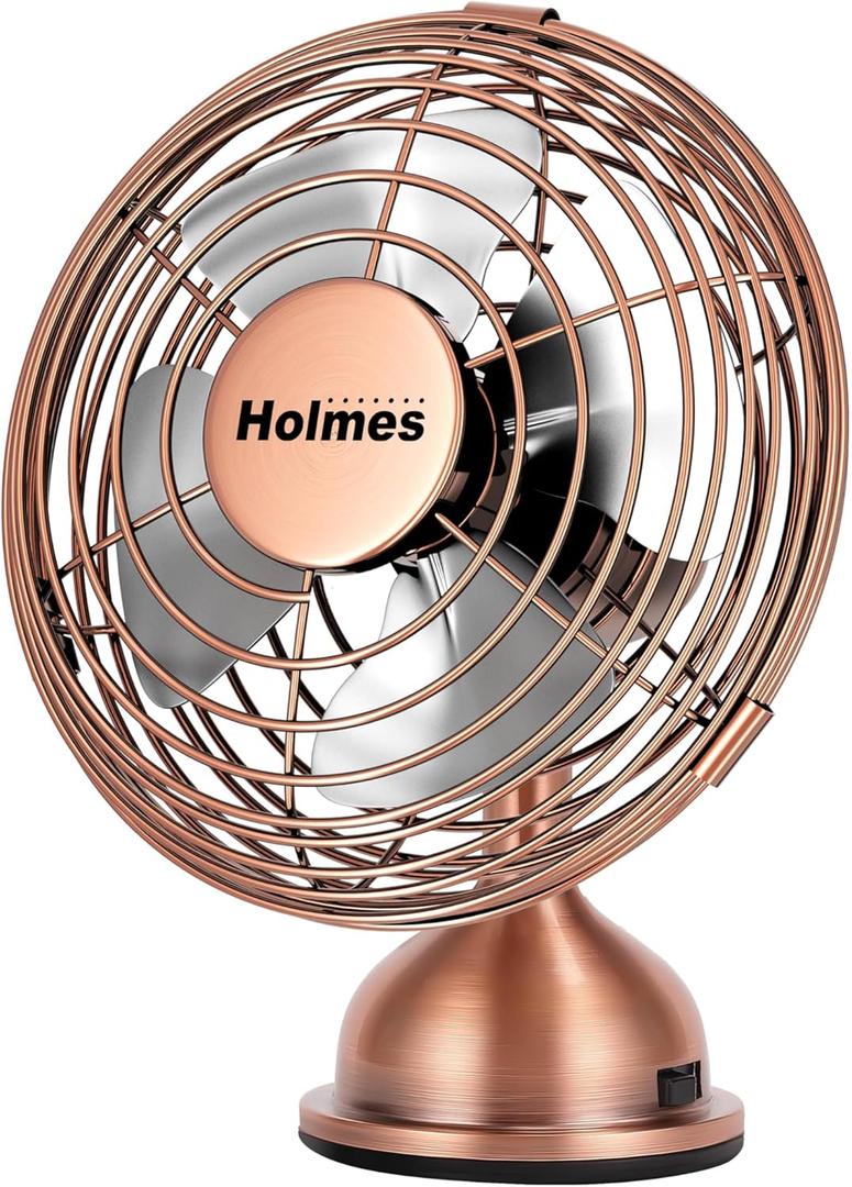 HOLMES 4" Mini Heritage Desk Fan, USB-Powered, Single Speed, 4 Blades, Adjustable 100 Head Tilt, Metal Construction, Ideal for Home, Dorm Rooms, Bedrooms, Office or Travel, Vintage Brushed Copper