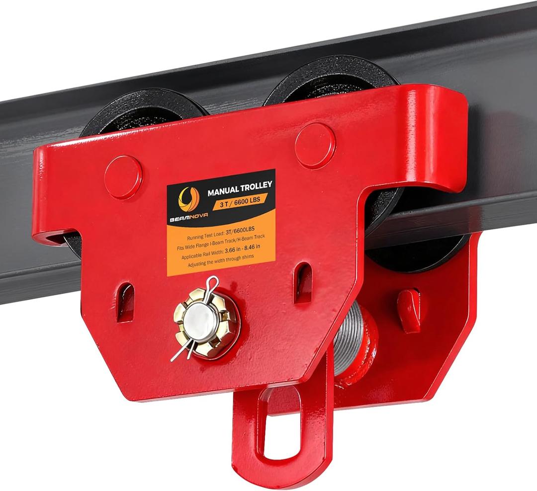 BEAMNOVA I Beam Trolley 3 Ton Manual Adjustable for I-Beam Flange Width 3.66" to 8.46", Overhead Push Beam Trolley Heavy Duty Dual Side Wheels, for Garage Hoist for Straight Curved I Beam