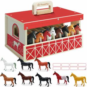 SIMPLIPLAY Wooden Horse Stable Playset, 8pcs Horse Toys with Take-Along Horse Stable and Name Sticker, Farm Animals Toys for Kids 3-5, Toy Horses for Girls 6-12, Boys Girls Birthday