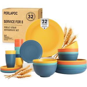 Wheat Straw Dinnerware Sets, Plates and Bowls Sets Unbreakable & Microwave Safe - 32 Piece Service for 8 Dinner Plate Dessert Plate Cereal Bowl Cup for Kitchen & Outdoor - Multi