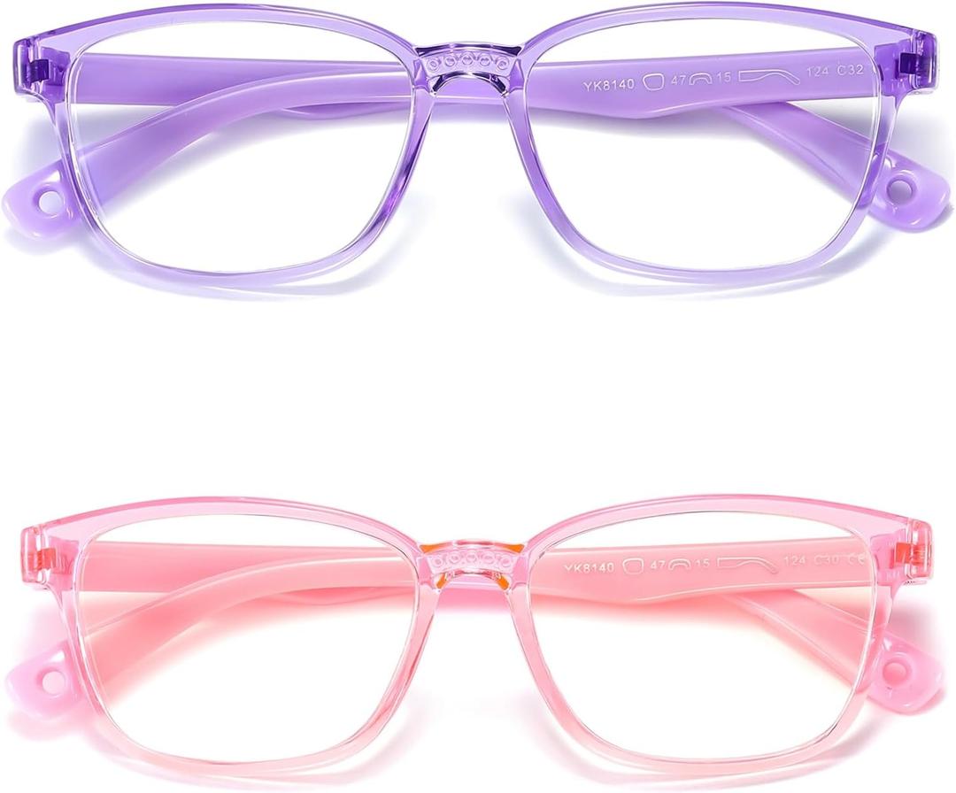 Kids Blue Light Blocking Glasses 2 Pack, Anti Eyestrain & UV Protection, Computer Gaming TV Phone Glasses for Boys Girls Age 3-9 (Transparent Purple+ Transparent Pink)