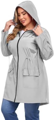 ZOMVA 2025 Plus Size 2XL Rain Jacket Coat Long Lightweight Raincoat with Hood Windbreaker Waterproof Jackets with Pockets, Gray