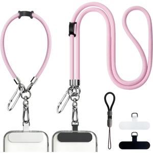 BFSDDM Cell Phone Lanyards, 4 Pads, 1 Phone Wrist Strap, 1 Adjustable Finger Strap, Universal Crossbody Patch Lanyards, Compatible with Most Smartphones, Anti Theft (Pink)
