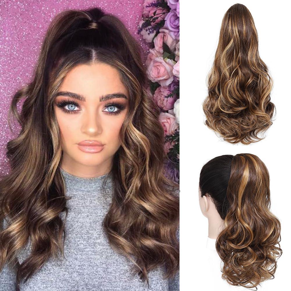 16 Inch Ponytail Extension Drawstring Ponytail for Women Curly Wavy Pony Tails Hair Extensions Synthetic Ponytails Hairpieces for Daily Use-Chestnut Brown Mix Golden Highlights
