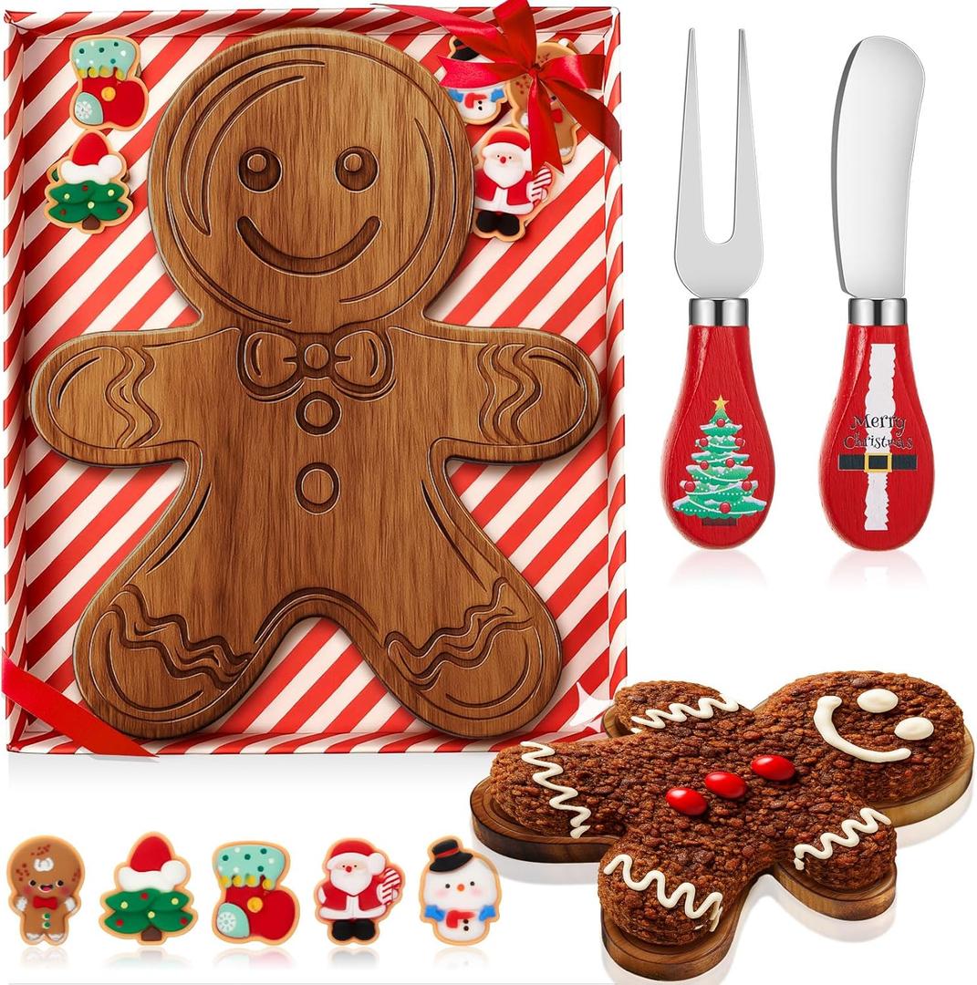 1 Set Gingerbread Man Cheese Board Mini Wood Cheese Board with Knives Forks and Decorative Toys Gift Set for Xmas Party Kitchen Decoration (Gingerbread Man, Acacia Color)
