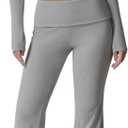 QINSEN Womens 2 Piece Lounge Sets Mock Neck Long Sleeve Tops with Side Ruched Fold Over Flare Pants Comfy Tracksuits (Medium, Grey)
