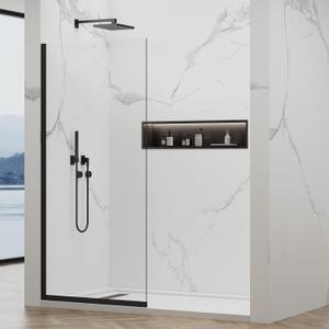 Shower Glass Wall Panel 36" W x 76" H, 3/8" (10mm) Tempered Glass, Half Frameless Fixed Shower Screen, Single Panel with Double-Sided Easy-Clean Coating - Matte Black