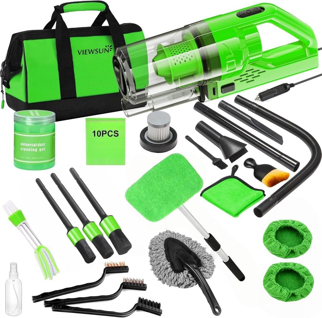 Viewsun 30pcs Car Cleaning Kit, Car Interior Detailing Kit with High Power Handheld Vacuum, Detailing Brush Set, Windshield Cleaner, Cleaning Gel, Complete Auto Accessories for Men, Women (Green)
