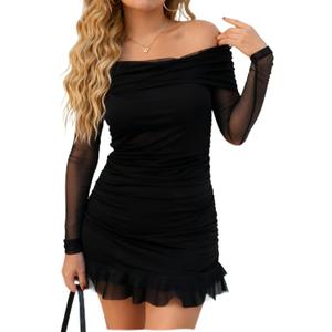 BDUCK+ Women's Off Shoulder Bodycon Mini Dress Mesh Long Sleeve Ruched Ruffle Hem Cocktail Party Dress for Club Date Night L