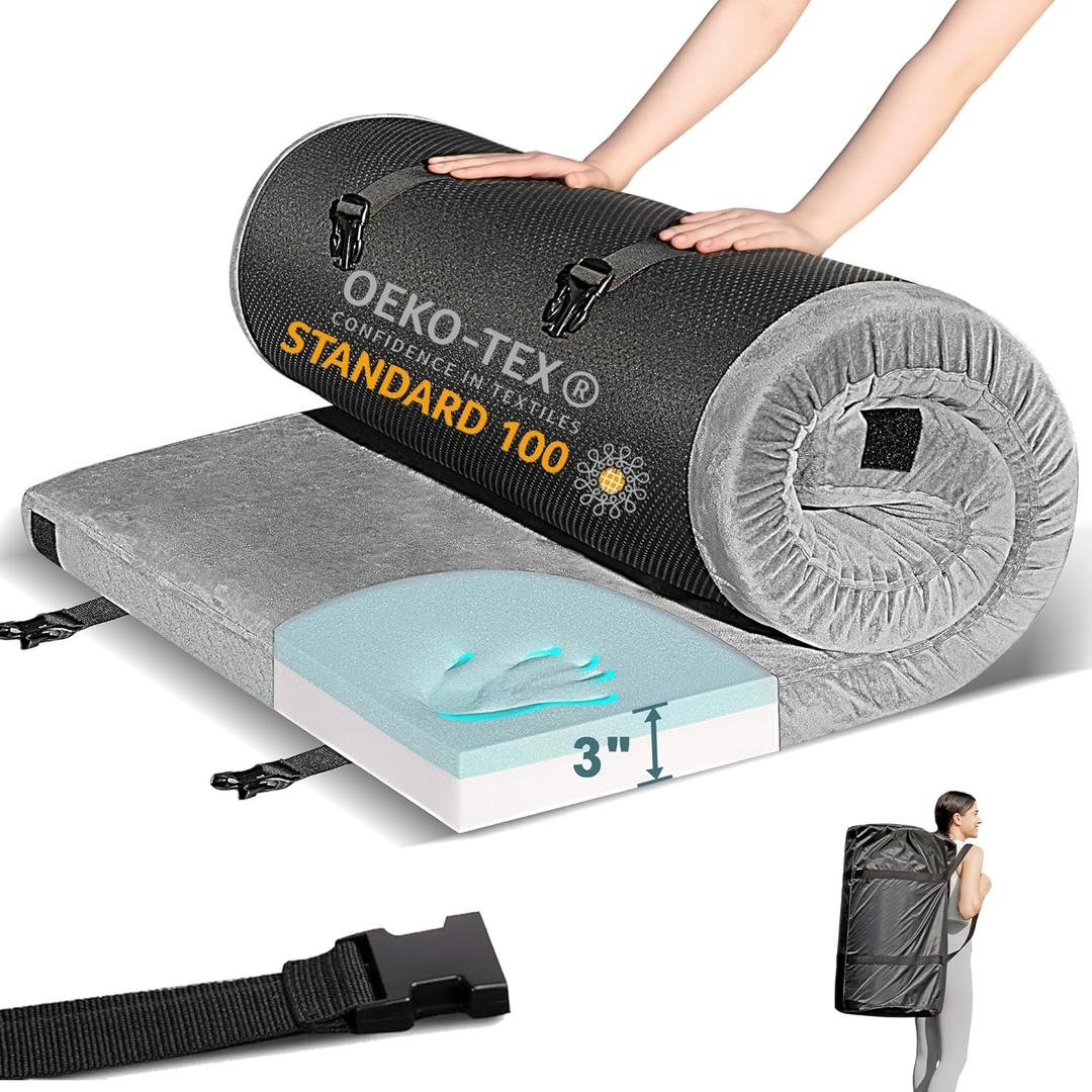 Memory Foam Camping Mattress Pad, CertiPUR-US Waterproof Portable Roll Up Mattress for Adults, Thick Floor Sleeping Mat Pad for Car Truck Tent with Travel Bag (Cot75"X 25" X 3"), Dark Grey)