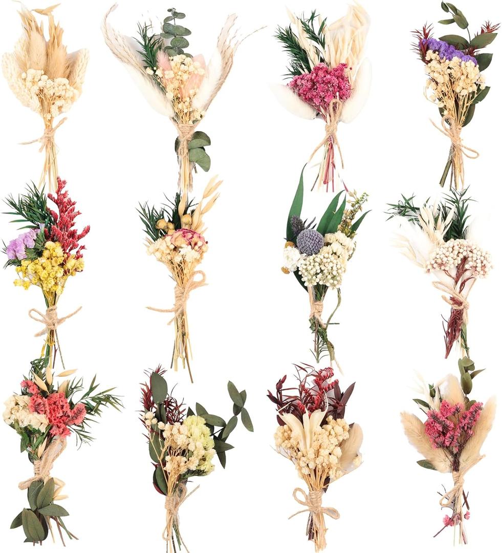 Fumwase 12Pcs Mini Dried Flower Bouquet Wildflowers Flowers for Vase Natural Real Flowers for Crafts Small Boho Bulk Dried Flowers for DIY Photo Props Gift Wedding Decor