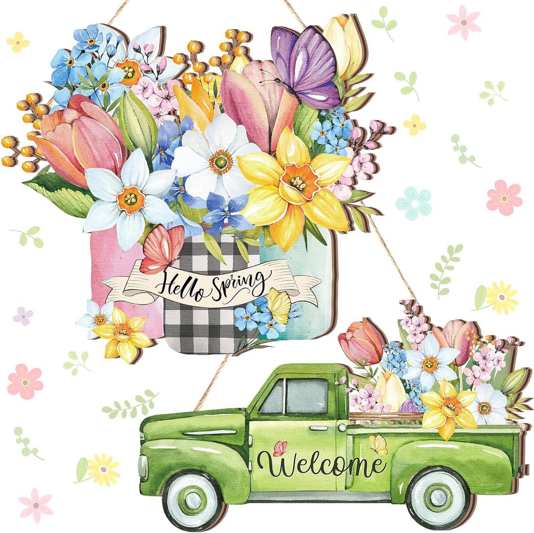 GlikCeil 2 Pcs Hello Spring Door Sign Welcome Wooden Spring Hanging Decorations Truck Bouquet Wall Plaques for Front Door Indoor Outdoor Farmhouse Rustic Home Decorations
