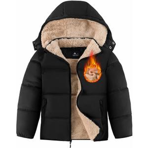 ZITY Boy's Winter Coat Thermal Puffer Jacket Warm Sherpa Fleece Lined Water-Resistant Zip Outerwear Coat with Detachable Hood (6-7 Years, Black)