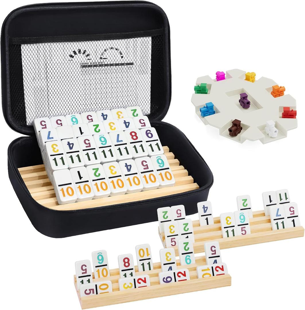 Mexican Train Dominoes Set with Numbers and 4 Wooden Trays/Racks, Double 12 Dominos Travel Set with 4 Tiles Holders, 91 Tiles Double 12 Colored Dominoes Game Set with Portable Case for Families Kids, D12 Numbers 4 Players