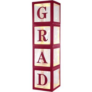 Qeeenar 4 Pcs 2026 Graduation Party Decorations 12x12x12 Inches Grad Balloon Boxes with Letters and LED String Lights for College School Memorable Graduation Party Decor(Burgundy)
