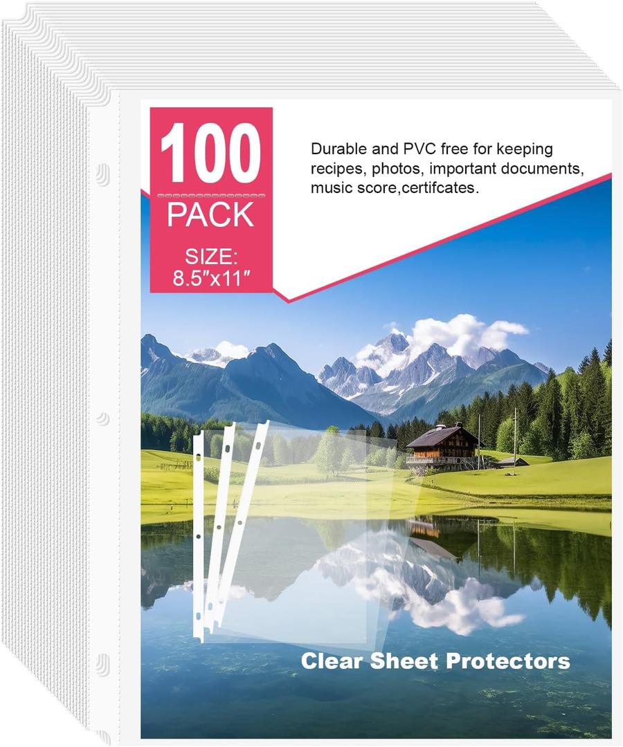 Sheet Protectors 100 Pack | Fits 8.5x11 Paper & 3-Ring Binders | Glare-Reducing Textured Surface with Reinforced Edges | Acid-Free Top-Loading for Home, School & Office