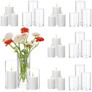 UDU 24 Pcs White Pillar Candles and Glass Cylinder Vases, Hurricane Pillar Candle Holder Vases for Wedding Centerpieces Table Party Home Decor(3.2" X 4.7", 6", 8")