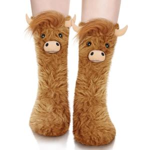Funny Highland Cow Fuzzy Socks for Women and Teen Girls - Cute Birthday Gifts for Mom Girlfriend Slipper 3D Animal Bed Warm Cozy Fuzzy Socks for Winter -Gifts Ideas for Christmas Stocking