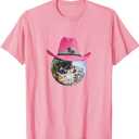 Retro Style Pink Cowboy Hat Club Disco Ball T-Shirt (Pink, XL)