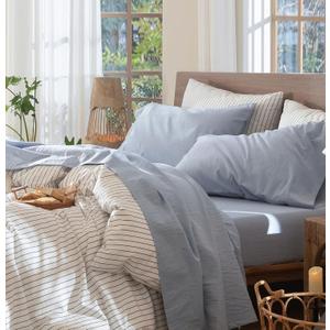 MooMee Bedding Sheet Set 100% Washed Cotton Linen Like Textured Breathable Durable Soft Comfy (Heathered Cornflower Blue, Queen)