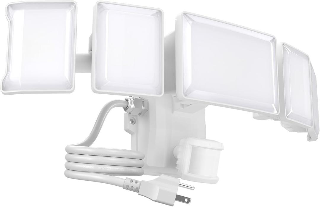 Olafus 180W Motion Sensor Outdoor Light Plug in, 18000LM Motion Flood Light Dusk to Dawn, IP65 Waterproof Exterior LED Security Lights, 5 Heads Motion Detector Yard Lights for Garage Backyard - White