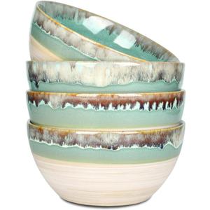 Bosmarlin Ceramic Soup Bowl Set of 4, 26 Oz, 6 Inch Stoneware Cereal Bowl for Oatmeal, Salad, Dishwasher and Microwave Safe, Reactive Glaze (Green, 6 in)