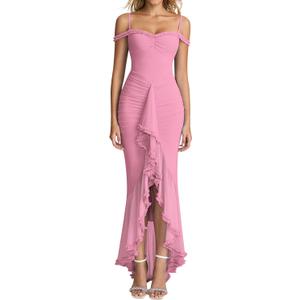 KUTUMAI Women Ruffle Bodycon Maxi Dress Ruched Long Formal Cocktail Wedding Guest Dresses (Pink, XL)