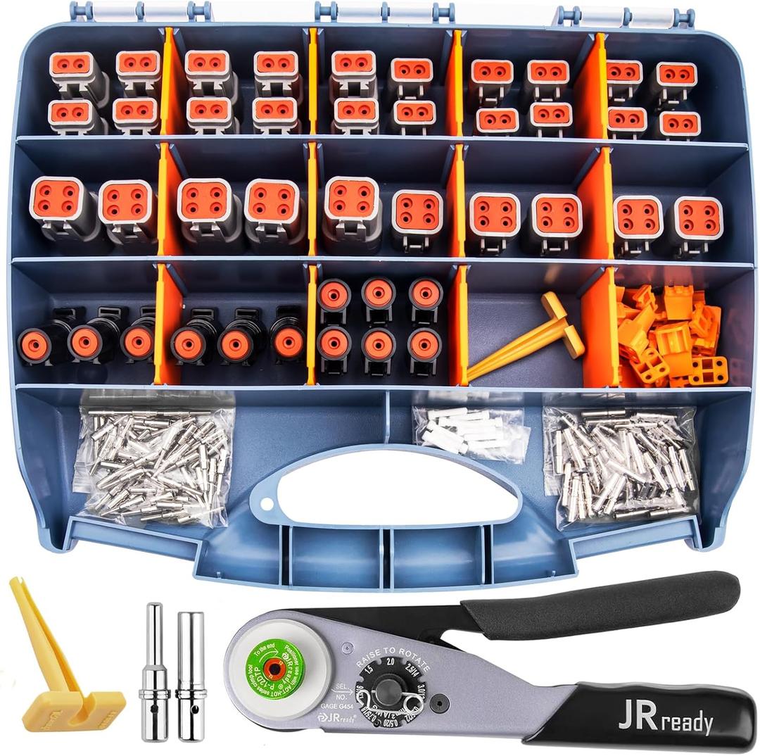 JRready ST6361 Deutsch Connector Kit, 2 4 Way DTP Automotive Waterproof Connector, DTHD 1 Pin Male Female Plug Connectors with Deutsch Crimp Tool,Solid Contacts 12-16 AWG for Car,Truck,Boats